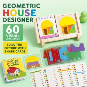 Geometric House Designer Puzzle Game, 60 Visual Challenges, 15 Transparent Shape Cards, Wooden Display Stand