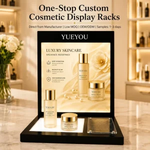 Glossy Black LED Backlit Acrylic Skincare Display Stand Foldable Replaceable Poster Panel Counter Display Rack