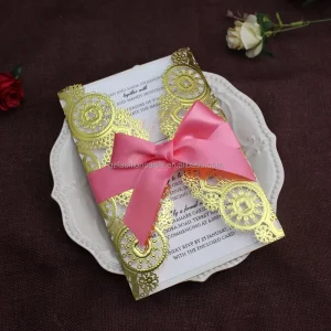 Gold Doilies Laser Cut Wedding Invitation with Bow Ribbon