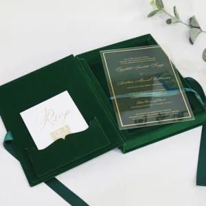 Gold Foil Clear Acrylic Wedding Invitations with Dark Green Velvet Hardcover Box and Envelopes