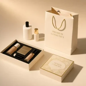 Gold Foil Cosmetic Gift Box Set Rigid Paper Box With Tote Bag Custom Logo for Skincare Beauty Packaging