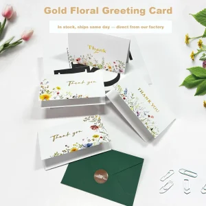Gold Foil Floral Greeting Card Set with Envelope Sticker Blank Insert for Wedding Business Birthday Holiday Custom