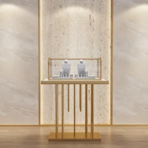 Gold LED Light Glass Jewelry Diamond Showcase Vertical Custom Jewelry Display Cabinet for Mall Store