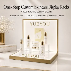 Gold Metal Frame LED Backlit Acrylic Skincare Display Stand Multi-Height Transparent Pedestal Custom