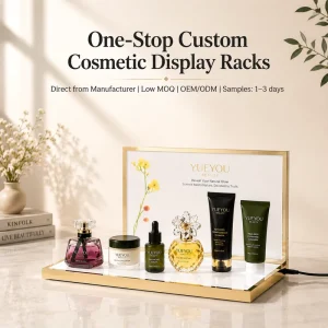 Gold Metal Frame LED Lighted Acrylic Cosmetic Display Stand Large Flat Mirror Base Custom Floral Backboard Rack
