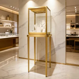 Gold Metal Frame and LED Light Display Cabinet High End Glass Cabinet Display for Retail Store Lockable Jewelry Showcase OEM
