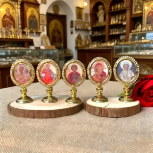 Gold Plated Orthodox Christian Icon with Rhinestone Saint Religious Figurine Self-Stick Base for Car Dashboard and Home Altar