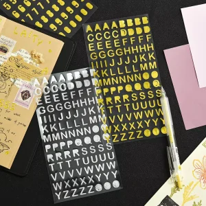 Gold-Stamped English Numeral and Letter Sticker Sheets, 200 Pieces, for Journaling, Children’s Crafts, and Phone Cases