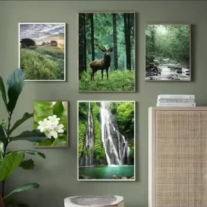 Green Forest poster Abstract art Deco Deer Waterfall Stream Spring bedroom print natural landscape picture art