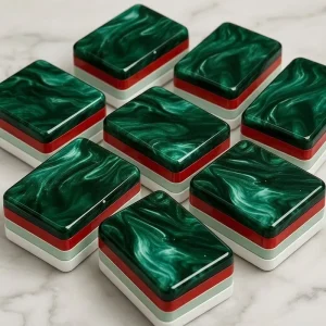 Green Marbled Three Layer Mahjong Tiles With Christmas Themed Printed Front Patterns