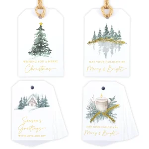 Green Watercolor Christmas Tree Gift Tag with Rope Writing Text Eco Friendly Bouquet Candy Jar Art Paper Hang Tag