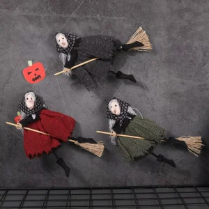 Halloween Spooky Witch Broom Hanging Pendant Witch Riding Broom Ornament for Bar KTV Haunted House Party Decor