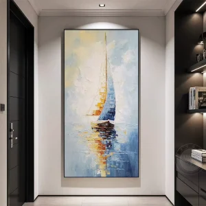 Hand painted Oil Painting Sailboat Metal Frame Linen Canvas Impressionist Living Room Silent Wind Texture Decorative Abstract