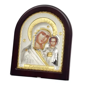 Handcrafted Wooden and Silver Plated Mary Mother Jesus Icon with Inlay Technique Durable Customizable Wall Hanging