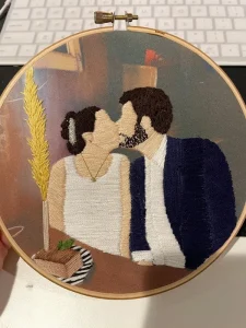 Handmade Eco-Friendly Portrait Embroidery Artwork, Stitched Cotton Family Couple
