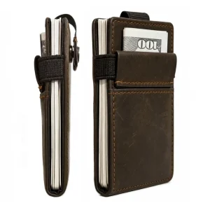 Handmade Vintage Crazy Horse Leather Card Case Purse for Men Factory OEM Front Pocket RFID Credit Card Wallet with Pull Cord