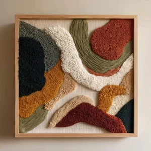 Handmade Wool Fiber Boho Scandinavian Framed Wall Sculpture, Abstract Textile Art