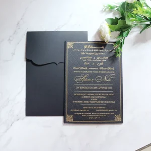 Hard Board Black and Gold Color Print Wedding Invitation With Envelope