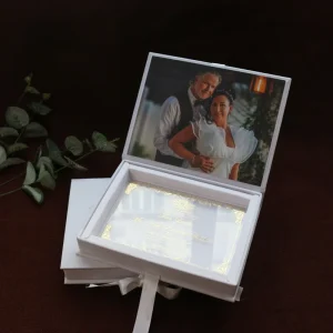 Hardcover Wedding Invitation Custom Photo Printed Gift Box Gold Foil Transparent Acrylic with Ribbon Closure