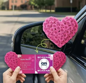 Heart Folded Business Card Template Pink Rose Floral Die Cut QR Code Design Editable Digital Download