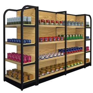 Heavy Duty Double Sided Cold Rolled Steel Supermarket Wooden Metal Shelf for Grocery Adjustable Supermarket Shelf
