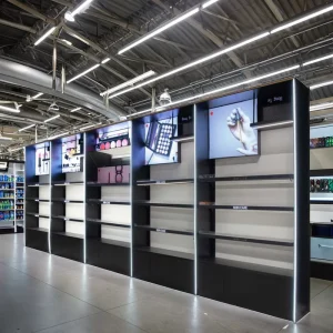 Heavy Duty Metallic Supermarket Rack Single Sided Customizable Cosmetic Display Stand For Makeup Shops
