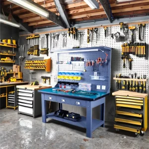Heavy-Duty Multifunctional Anti-Static Garage Workbench with Drawer and Pegboard, Metal Workshop Worktable