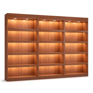 Heavy Duty Wooden Display Shelving Unit LED Lighting Adjustable Back Customizable Dimensions Floor Standing Modern Retail Store