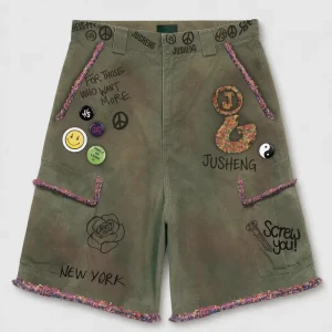 Heavyweight Denim Custom Graffiti Embellished Vintage Green Windproof Breathable 100% Cotton Cargo Shorts Loose Street Style