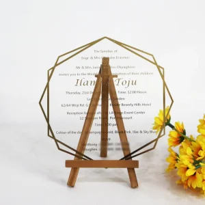 Hexagon Shape Clear Acrylic Wedding Invitation Cards Custom Hot Stamping Design Wedding Menu Card