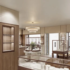 High End Jewelry Display Counter Gold Frame Tempered Glass LED Cabinet for Jewellery Boutique