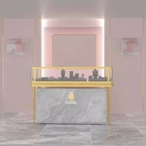 High End Luxury Jewelry Display Showcase LED Lights Gold Frame Modern Counter Cabinet Customizable MDF Ultra Clear Glass