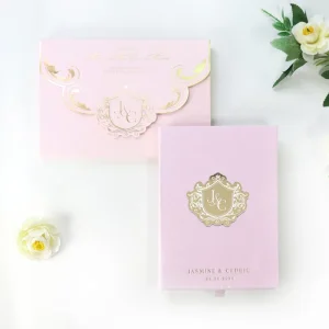 High Quality Elegant Custom Pink Velvet Gold Foil Envelope Luxury Hot Stamped Octagon Mirror Acrylic Wedding Invitation Cards