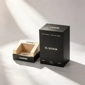 High Quality Luxury Black Rigid Paper Packaging Box Clamshell Perfume Gift Box Custom Printed Logo Sponge Lining Matt Lamination