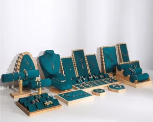 High end Solid Wood Jewelry Displays for Store Luxury Jewelry Display Props Custom Microfiber Wooden Jewelry Stand Display Set