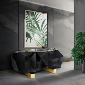 Home Bar Furniture Multifunction Modern Luxury Metamorphosis Diamond Sideboard with Hammered Brass Gold Leaf Lacquered Wood