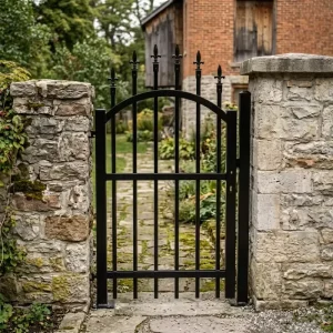 Hot Dip Galvanized Powder Coated Heritage Style Ornamental Cast Finial Single Leaf Historical Site Entrance Steel Fence Gate