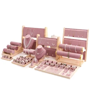 Hot Pink Velvet Wooden Base Jewelry Counter Display Props Necklace Ring Bracelet Display Rack and Tray Set for Jewelry Container