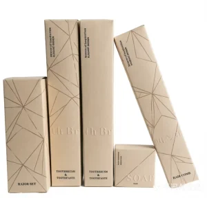 Hotel Amenities Set Toothbrush Shampoo Soap Face Cream Packaging Art Paper Card Box Embossed Logo Recyclable UV Coating