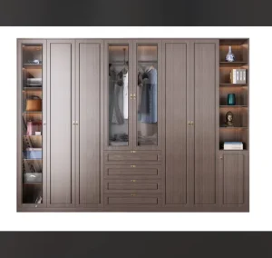 Hotel Furniture Project Elegant Dark Brown Custom Wardrobe with Glass Doors and Multi Zone Storage