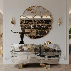 Housing Design Residential Living Room Villa Hotel Diamond Pyrite Sideboard with Stainless Steel Brass Feet