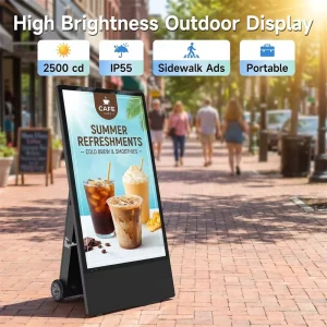 IP55 Outdoor High-Brightness LCD Digital Signage Poster Display with Wheels, Animation Enabled