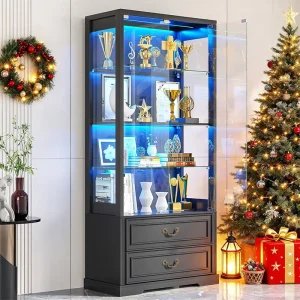 ISO Certified Manufacture White Eco Friendly Glass Door Bookcase Wood Display Cabinet Curios Showcase Drawers LED Light Retail