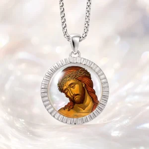 Jesus Crown of Thorns Orthodox Painting on Mother of Pearl Shell Pendant Light