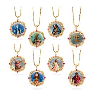 Jesus Virgin Mary San Carlo Catholic Religious Gemstone Jewelry Handpainted Turquoise Shell Lapis Lazuli