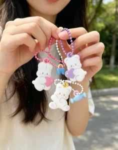 Kawaii Bear & Cat PVC Carabiner Keychain Die Cutting Printing Cute Heart & Candy Bag Charm Waterproof for Daily Use & Gifts