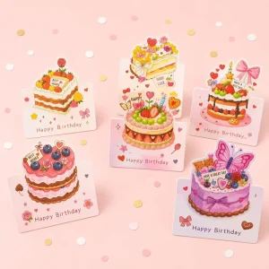Kawaii Cake Birthday Greeting Cards Set 5 Designs Art Paper Printing Cute Party Greetings Card