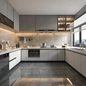 Kitchen Cabinet System Luxury U Shaped Kitchen with Gray White Cabinets and Marble Backsplash