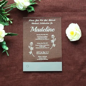 LED Clear Acrylic Custom Invitation with Engraved Text and Six Different Lighting Effects for Trendy Weddings