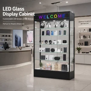 LED Glass Display Cabinet Aluminum Frame 7 Tier Tempered Glass Showcase LED Screen Custom for Retail Store